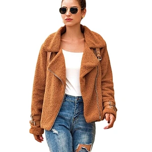 Womens Faux Fur Winter Suit Jacket Teddy Coat Buckle Inclined Zipper Sherpa Pullover