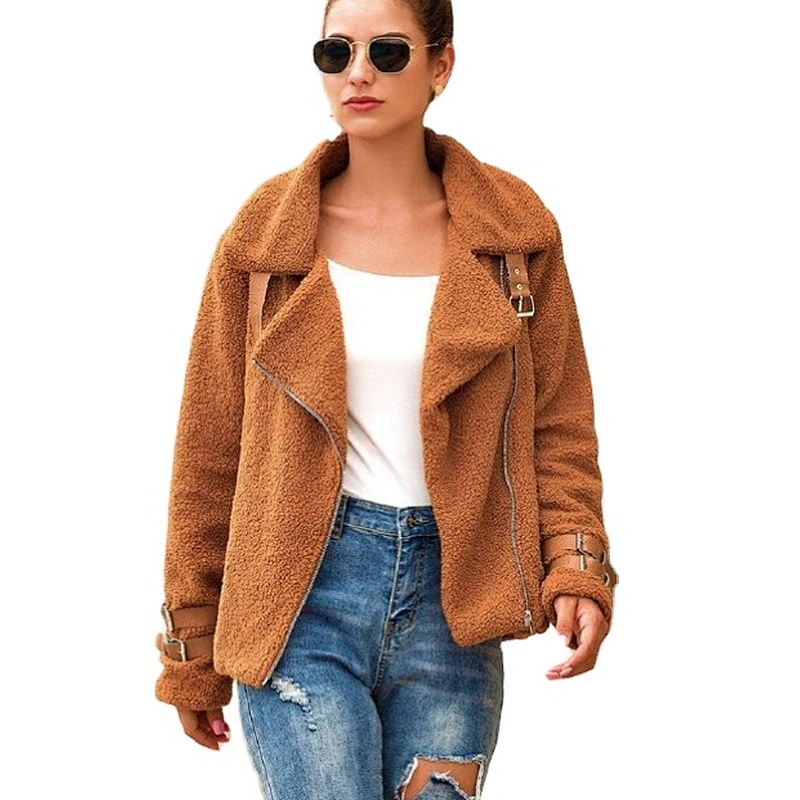 Womens Faux Fur Winter Suit Jacket Teddy Coat Buckle Inclined Zipper Sherpa Pullover