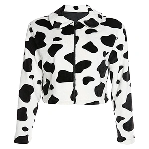 Cow Print Womens Turn-down Collar ZIP-UP Jacket Sherpa Cropped Zip-up Bomber Jacket Pullover