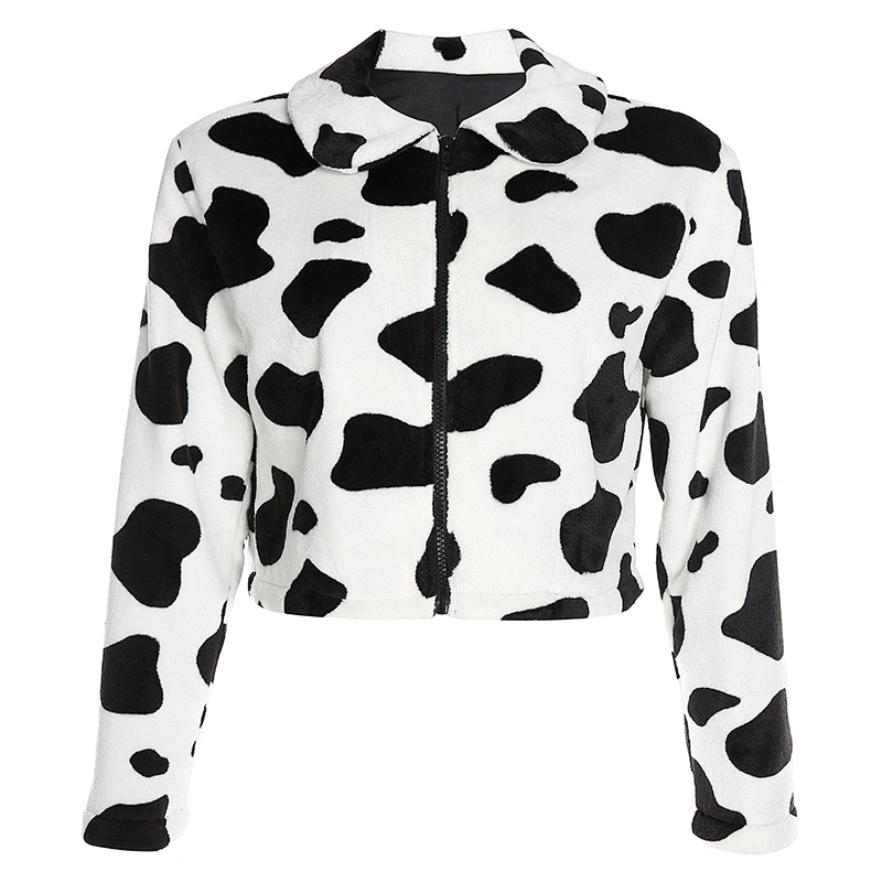 Cow Print Womens Turn-down Collar ZIP-UP Jacket Sherpa Cropped Zip-up Bomber Jacket Pullover