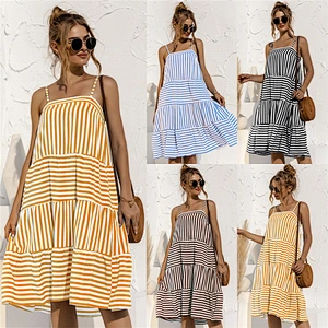 2021 new Spring Autumn strappy striped patchwork dress