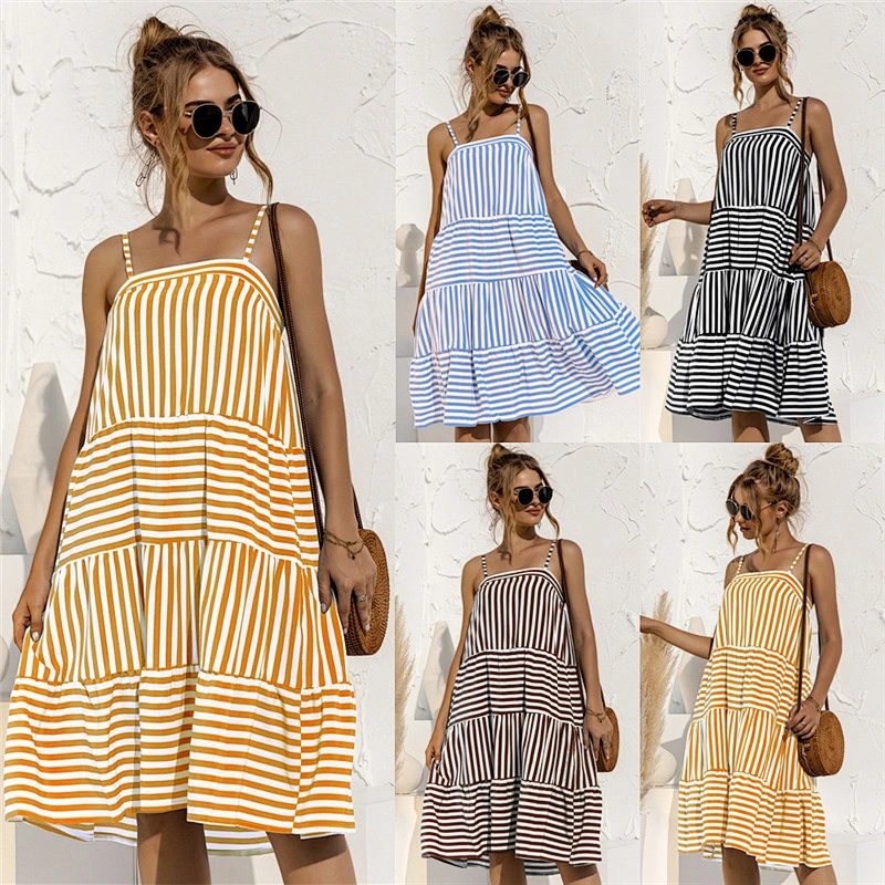 2021 new Spring Autumn strappy striped patchwork dress