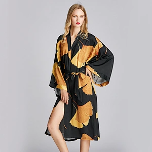 2021 New Arrivel Spring Summer Satin Silk Long Robe Plus Size Robe The Maple Leaves Pajamas