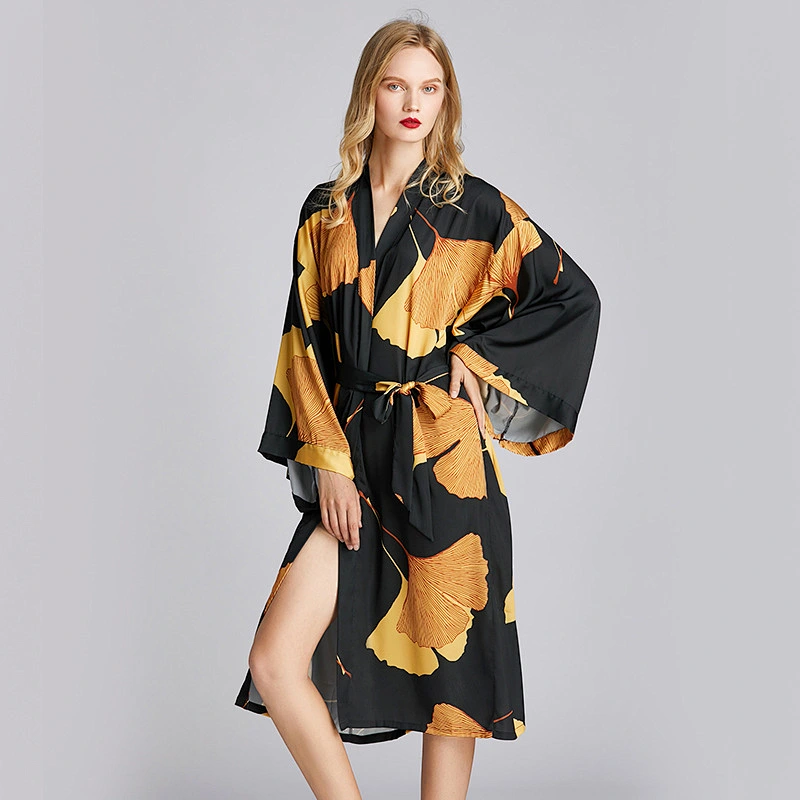 2021 New Arrivel Spring Summer Satin Silk Long Robe Plus Size Robe The Maple Leaves Pajamas