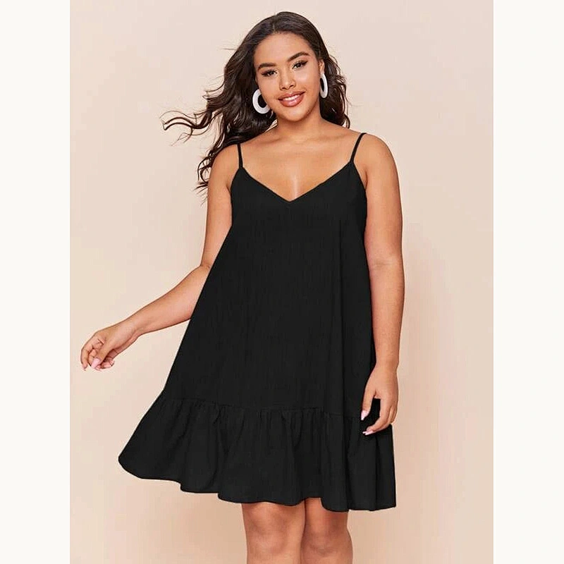2021 New Plus Double V-Neck Ruffle Hem Slip Dress