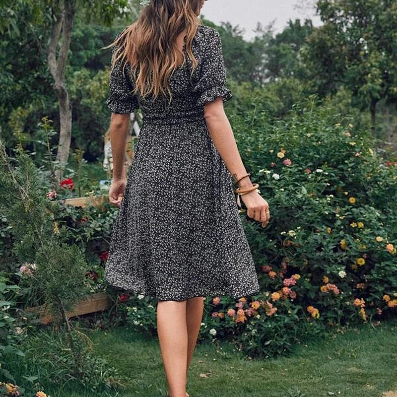 2021 New Arrival Tie Front Ruffle Trim Ditsy Floral Dress Office Dress Street Dress Casual Dress