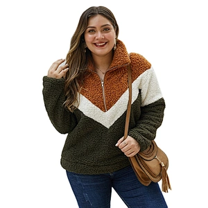 Womens Winter warm Fuzzy Plus Size 1/2 Zipper Patchwork Sherpa Polar Fleece Pullover (L-4XL)