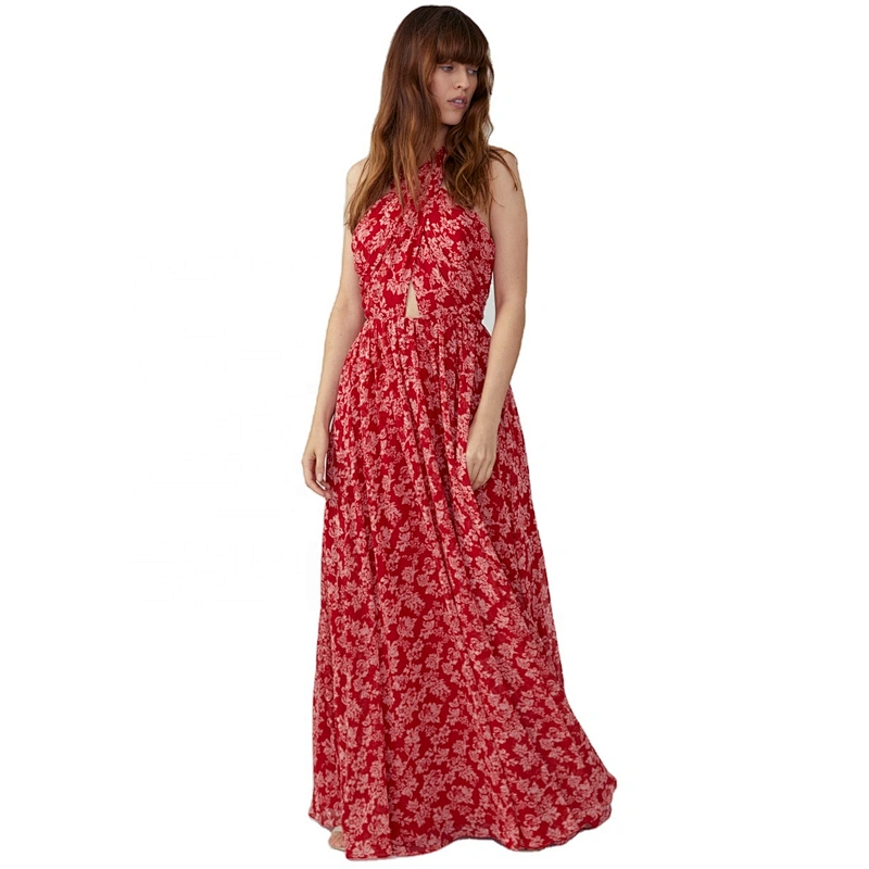 New design Manufacturers Twist Neck Halter Full Skirt back neck invisible zipper evening dress polyester light georgette