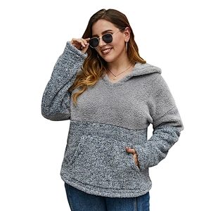 Kangaroo Pocket Womens  Oversized Sweatshirt Fuzzy Lapel Plus Size Patchwork Sherpa Fleece hoodies