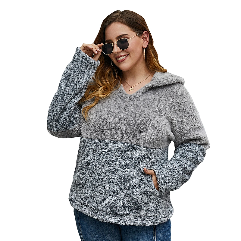 Kangaroo Pocket Womens  Oversized Sweatshirt Fuzzy Lapel Plus Size Patchwork Sherpa Fleece hoodies