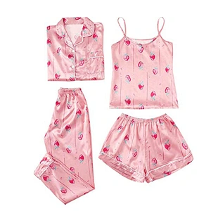 2021 Amazon Women's Pajamas Set 4pcs Satin Silk Cami Top Button Down Loungewear Pjs Set