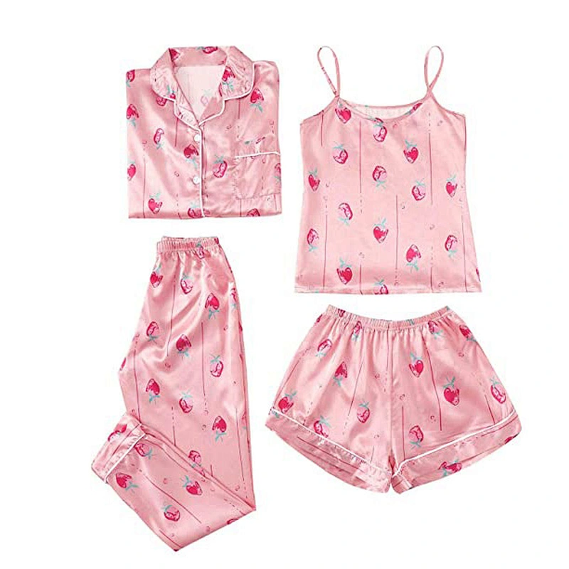 2021 Amazon Women's Pajamas Set 4pcs Satin Silk Cami Top Button Down Loungewear Pjs Set