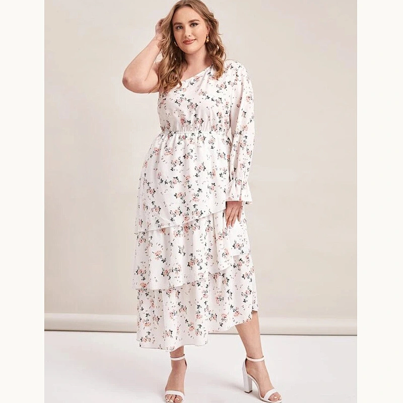 2021 New Plus One Shoulder Layered Hem Floral Dress