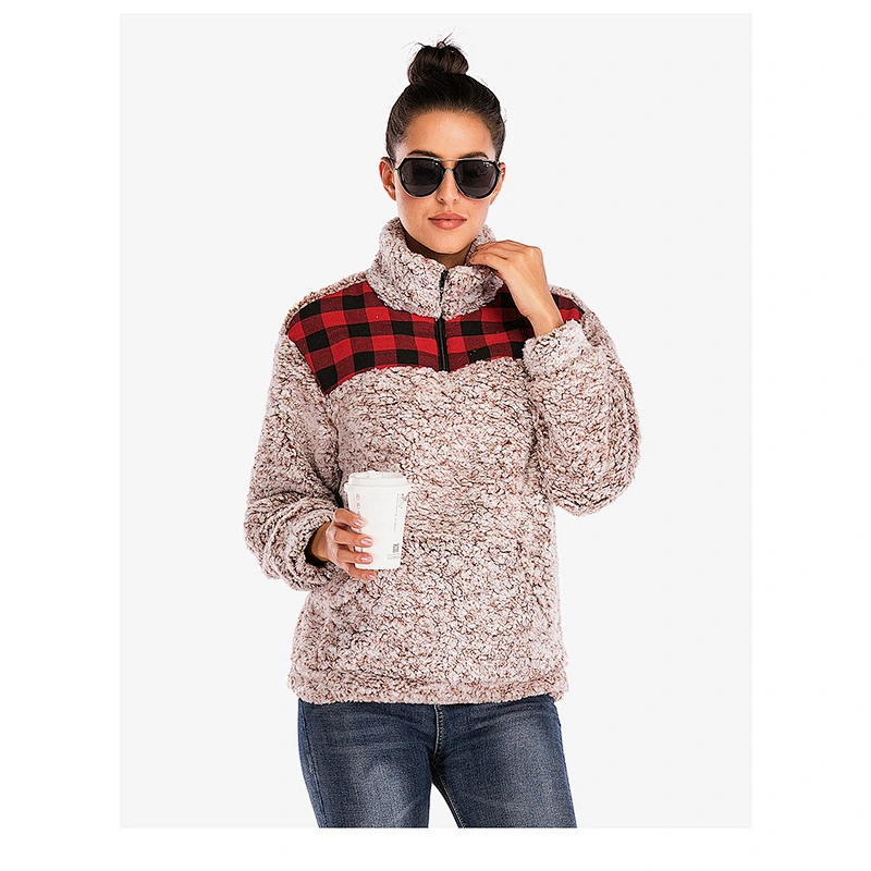 Womens Plaid Patchwork Sweatshirt Sherpa Turtle Collar Zipper Fleece Pullover