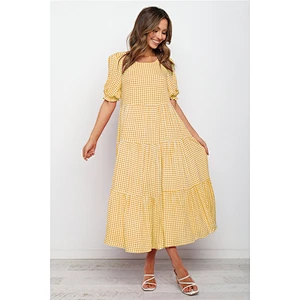 2021 Amazon bubble Sleeve Plaid Polkdot Splicing Loose Dress for Spring Summer