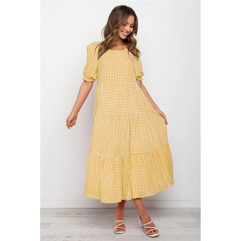2021 Amazon bubble Sleeve Plaid Polkdot Splicing Loose Dress for Spring Summer