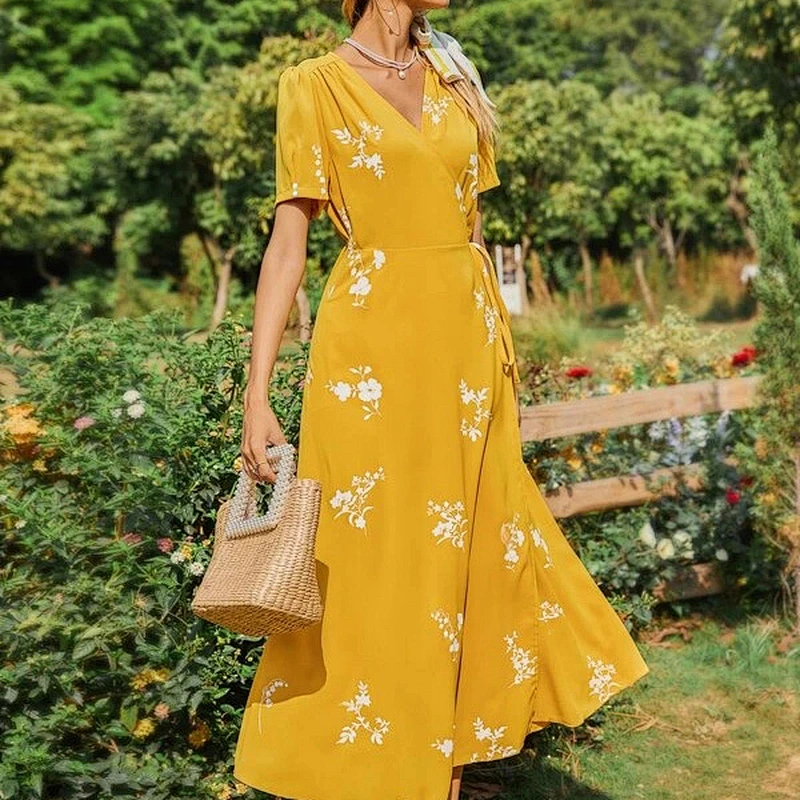2021 New Arrival Floral Print Wrap Hem A-line Dress Casual Dress Office Sexy Lady Dress