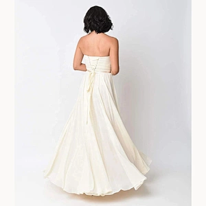 Factory Price Latest  Cream Color Chiffon Strapless Long Gown Evning Dress Ruffle Socialite Style