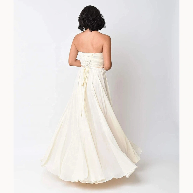Factory Price Latest  Cream Color Chiffon Strapless Long Gown Evning Dress Ruffle Socialite Style