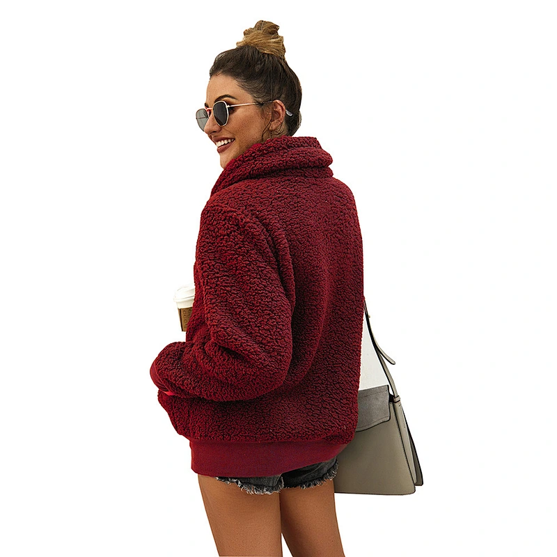 YIWU Factory Solid Color Outwear Sherpa Zipper Skew Collar Fleece Pullover with Pocket