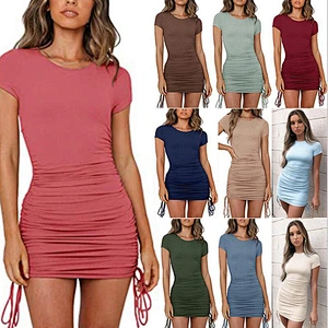 2021 new explosive round collar thread short sleeve rope wrap buttocks dress