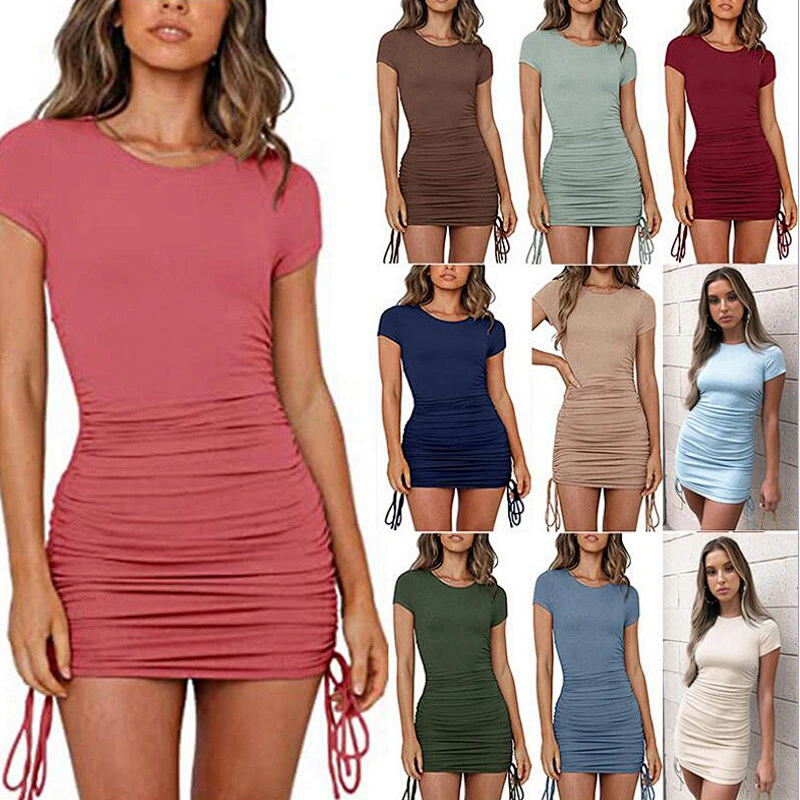 2021 new explosive round collar thread short sleeve rope wrap buttocks dress