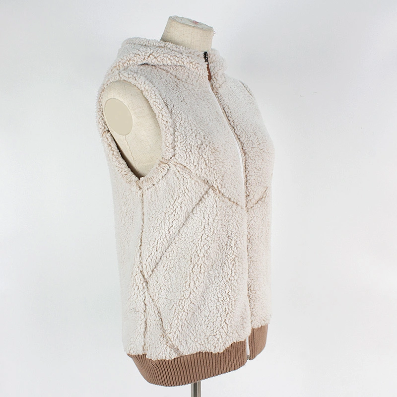 Factory Direct Winter Warm Teddy Waistcoat Beige Full Zip Sleeveless Hooded Sherpa Fleece Vest