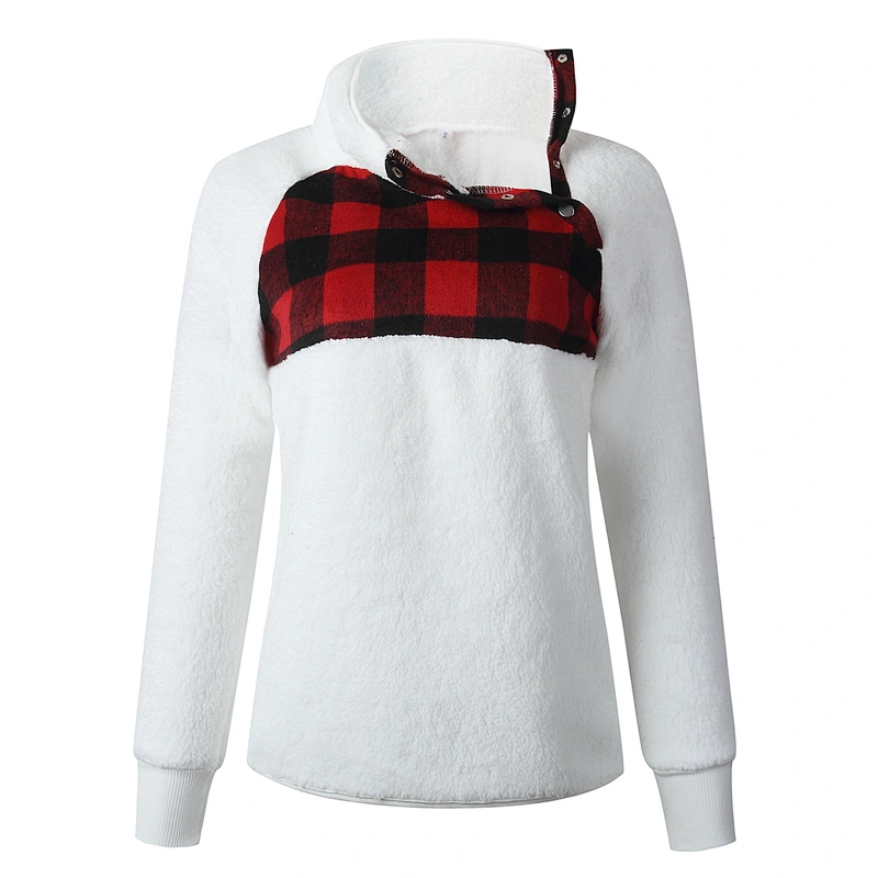 Womens Plaid Patchwork Sweatshirt Sherpa Skew Collar Oversize Fleece Pullover