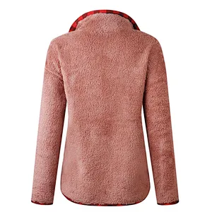 Womens Fuzzy Fleece Pullover Plaid Print Sherpa Sweatshirt Button Collar Tops With Pockets
