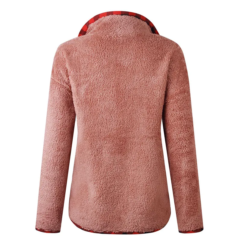 Womens Fuzzy Fleece Pullover Plaid Print Sherpa Sweatshirt Button Collar Tops With Pockets