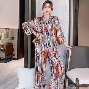 2021 Amazon Winter Pajamas Set comfortable show thin wide leg pants individual graffiti print ice silk pajamas