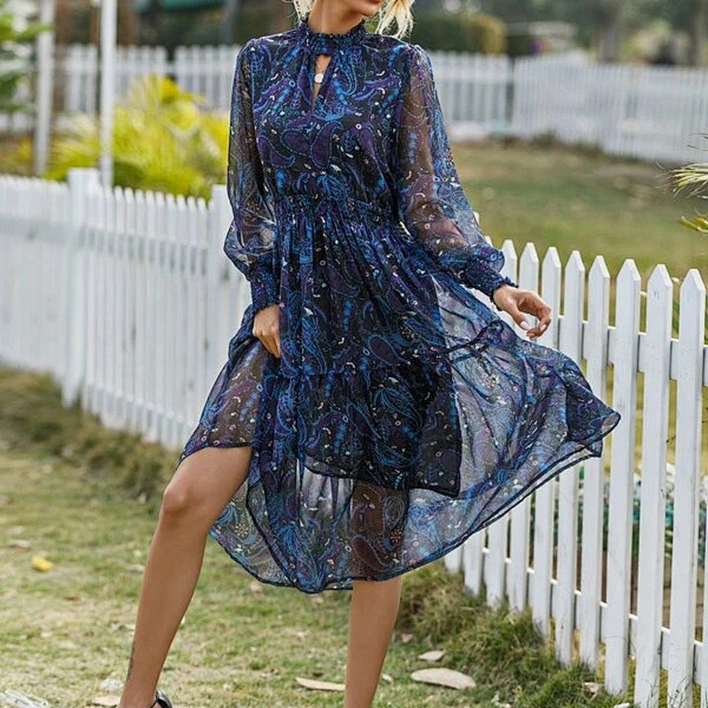 2021 New Arrival Paisley Peekaboo Chiffon A-line Dress Casual Dress