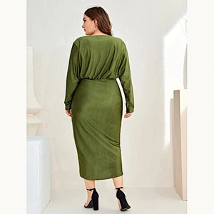 2021 New Plus Ruched Split High Wrap Solid Bodycon Dress