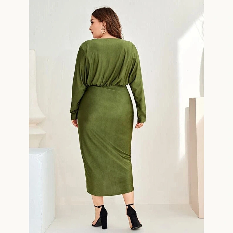 2021 New Plus Ruched Split High Wrap Solid Bodycon Dress