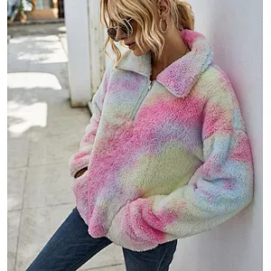 Womens Lambs Wool Front Pocket Teddy Sweatshirt Half Zip Tie Dye Sherpa Fleece Jacket Pullover