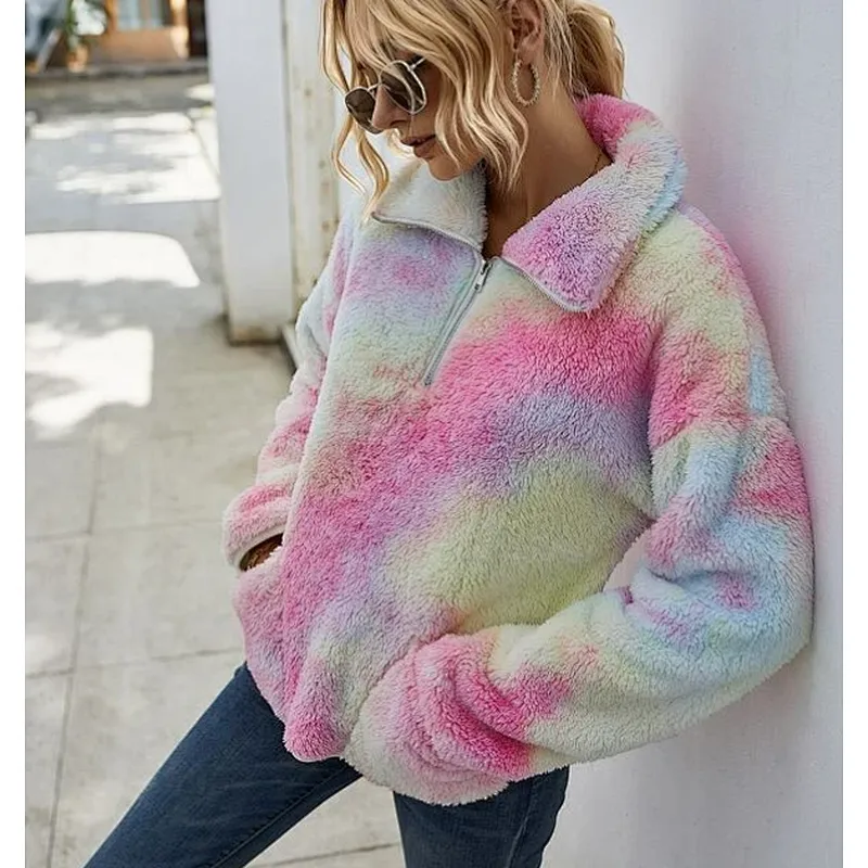 Womens Lambs Wool Front Pocket Teddy Sweatshirt Half Zip Tie Dye Sherpa Fleece Jacket Pullover