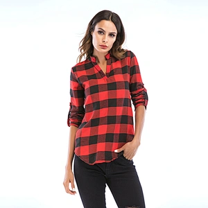 New Design Top Spring Autumn Fashion Blue V neck long sleeve Plaid Women Shirt