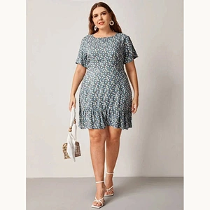 2021 New Plus All Over Print Flounce Short Sleeve Dress Printed dress O Neck