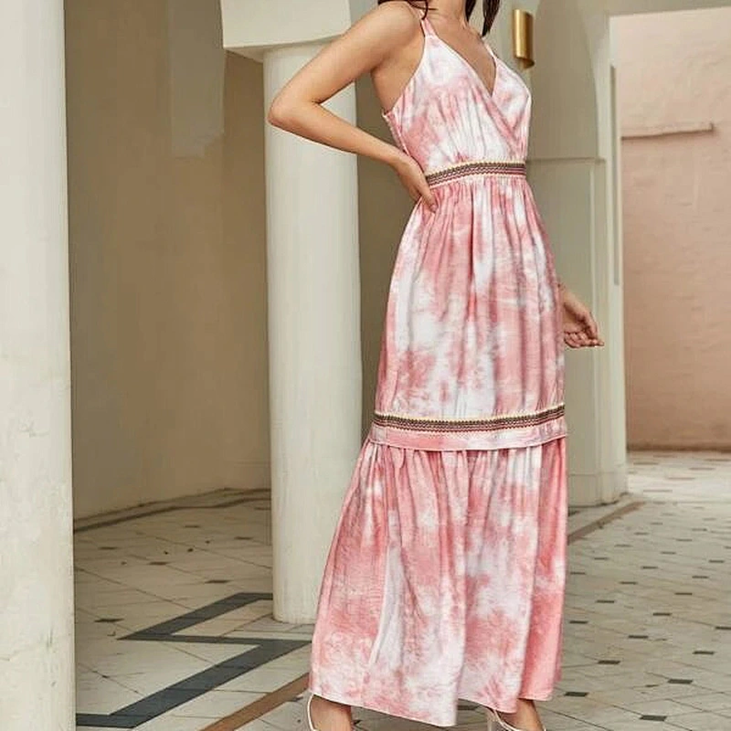 2021 New Arrival Surplice Neck Tape Detail Shirred Tie-Dye Cami Dress Boho Style Multicolor Dress