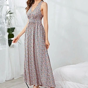 2021 New Arrival Crisscross Back Split Thigh Ditsy Floral Dress Street Style Fashion Dress