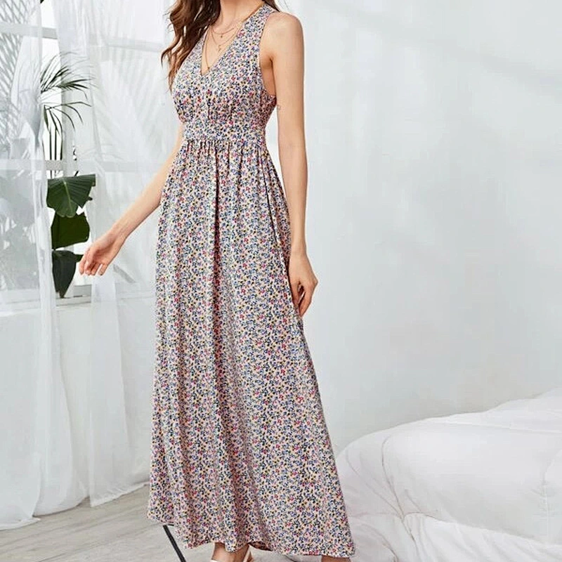 2021 New Arrival Crisscross Back Split Thigh Ditsy Floral Dress Street Style Fashion Dress