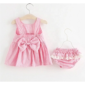 Baby Girls Striped Seersucker Bubble Straps Ruffle Bowknot Romper