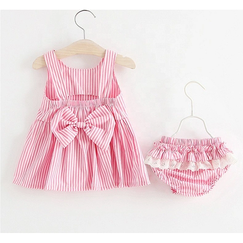 Baby Girls Striped Seersucker Bubble Straps Ruffle Bowknot Romper