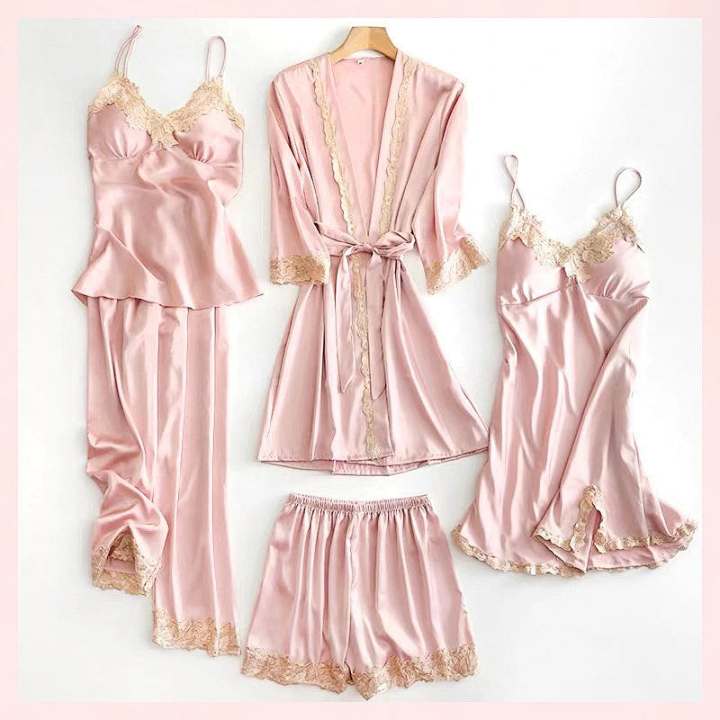2021Amazon women pajamas set Sexy nightgown ice silk nightdress embroidery 5piece with chest pad