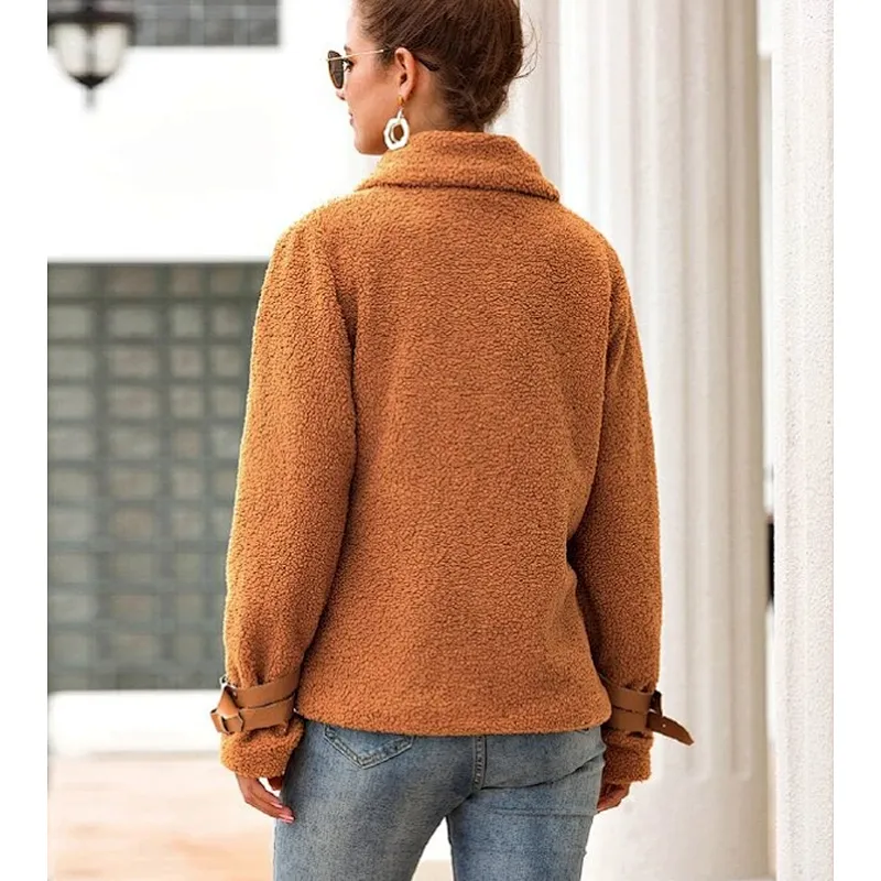 Womens Faux Fur Winter Suit Jacket Teddy Coat Buckle Inclined Zipper Sherpa Pullover