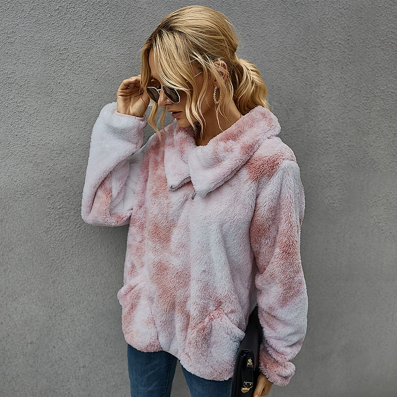 Women's Lapel Neck Sweatshirt Oblique Zip Up Outwear Fleece Skew Collar Sherpa Pullover with Pockets