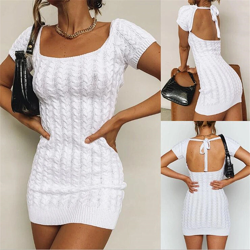 2021 new Sexy dress square neck backless tie sweater dress