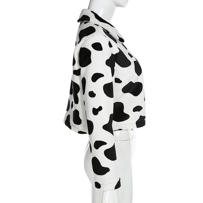 Cow Print Womens Turn-down Collar ZIP-UP Jacket Sherpa Cropped Zip-up Bomber Jacket Pullover