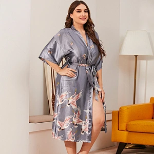 New Arrive Summer Satin Silk Women Robe Plus Size Printed Ice Silk Robe Long Pyjamas