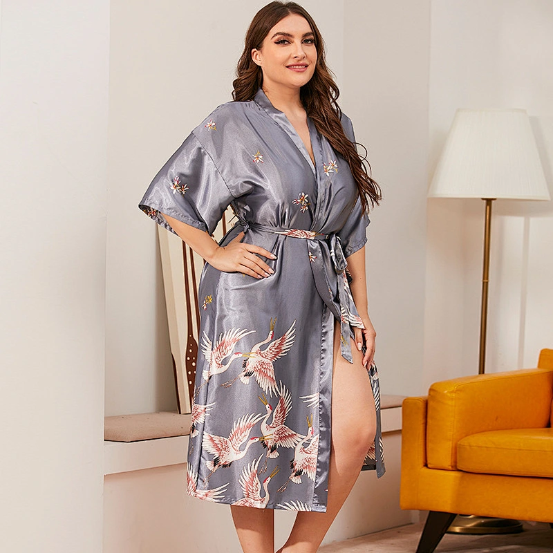 New Arrive Summer Satin Silk Women Robe Plus Size Printed Ice Silk Robe Long Pyjamas